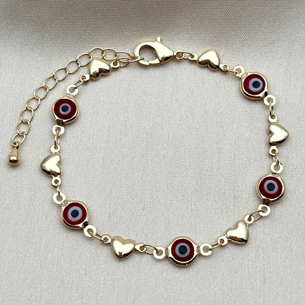 Oro Laminado Fancy Bracelet, Gold Filled Style Evil Eye and Heart Design, Red Resin Finish, Golden Finish