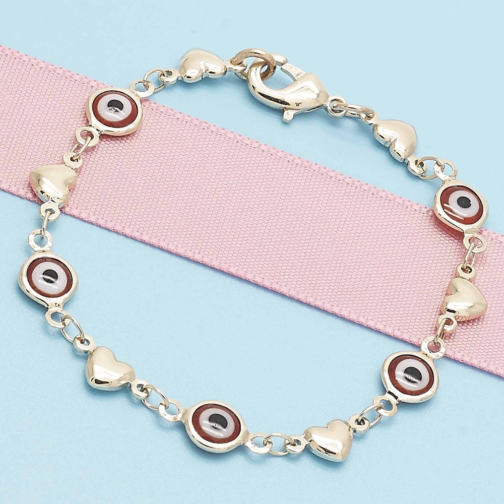 Oro Laminado Fancy Bracelet, Gold Filled Style Evil Eye and Heart Design, Red Resin Finish, Golden Finish