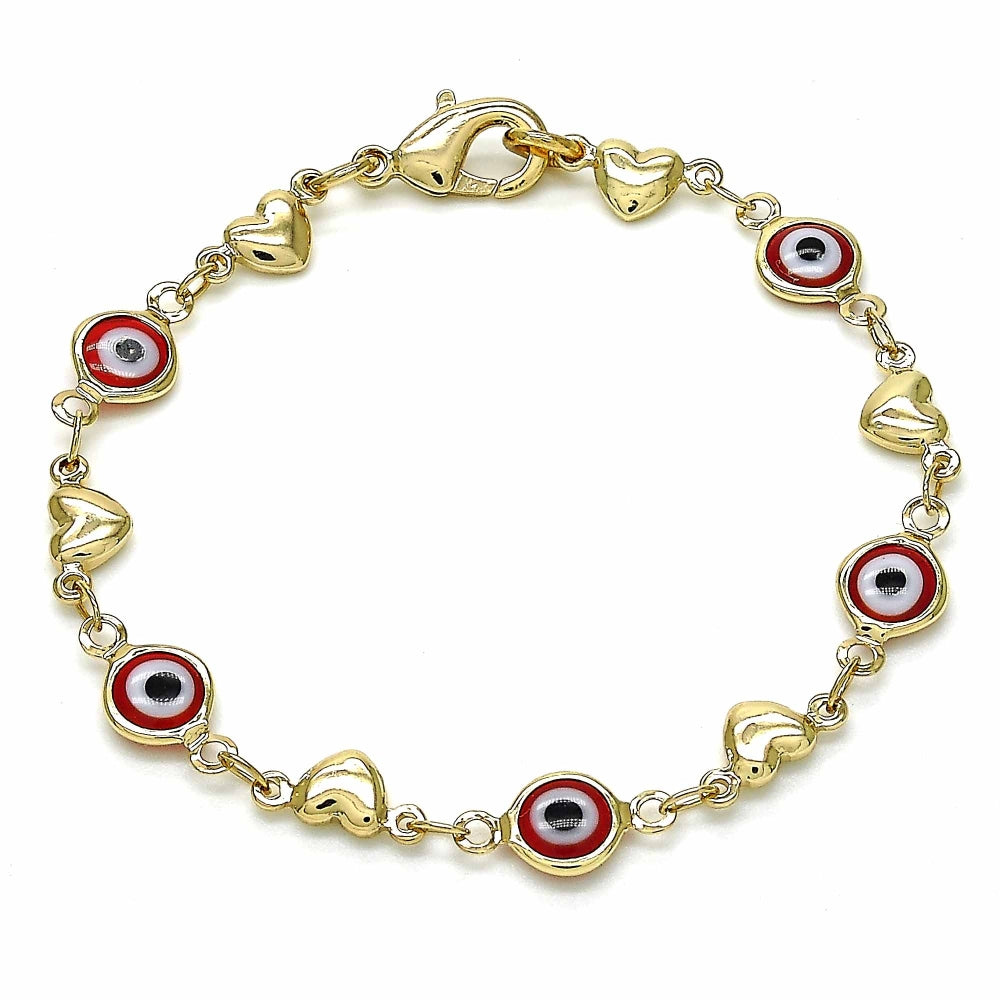 Oro Laminado Fancy Bracelet, Gold Filled Style Evil Eye and Heart Design, Red Resin Finish, Golden Finish