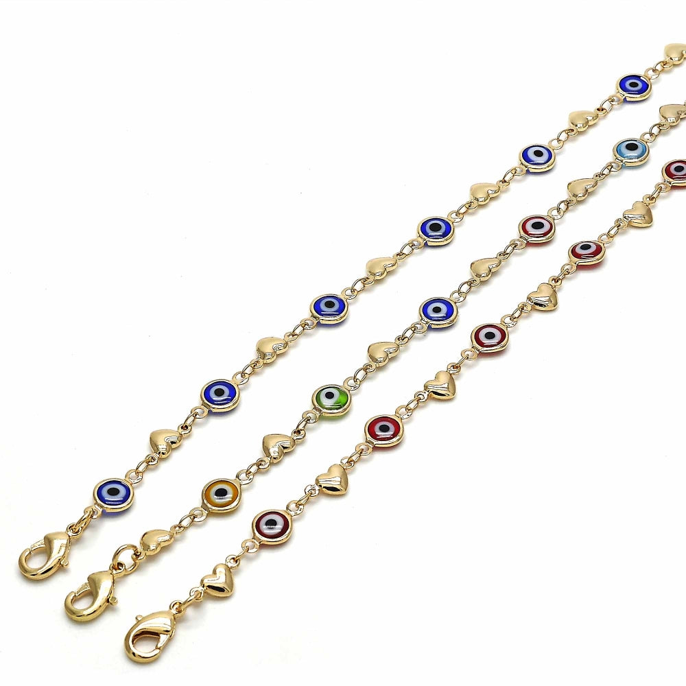 Oro Laminado Fancy Bracelet, Gold Filled Style Evil Eye and Heart Design, Red Resin Finish, Golden Finish