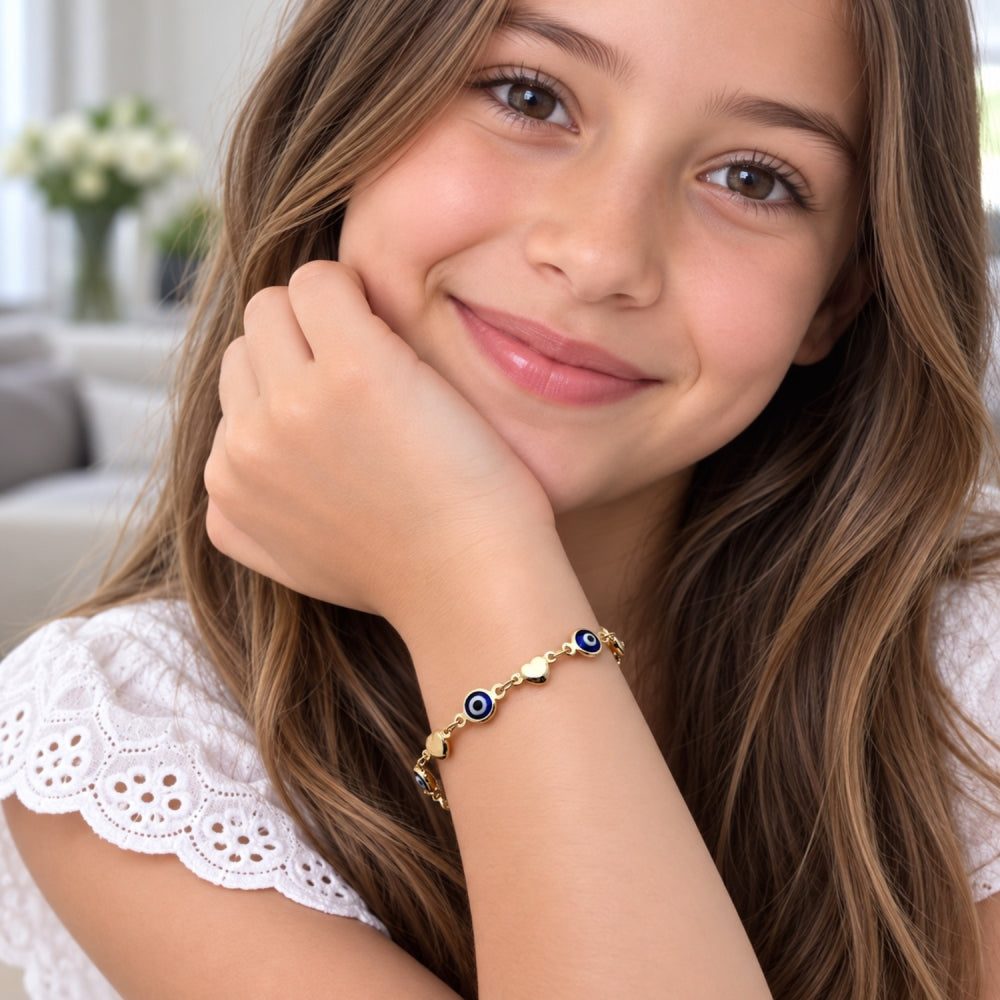 Oro Laminado Fancy Bracelet, Gold Filled Style Evil Eye and Heart Design, Blue Resin Finish, Golden Finish