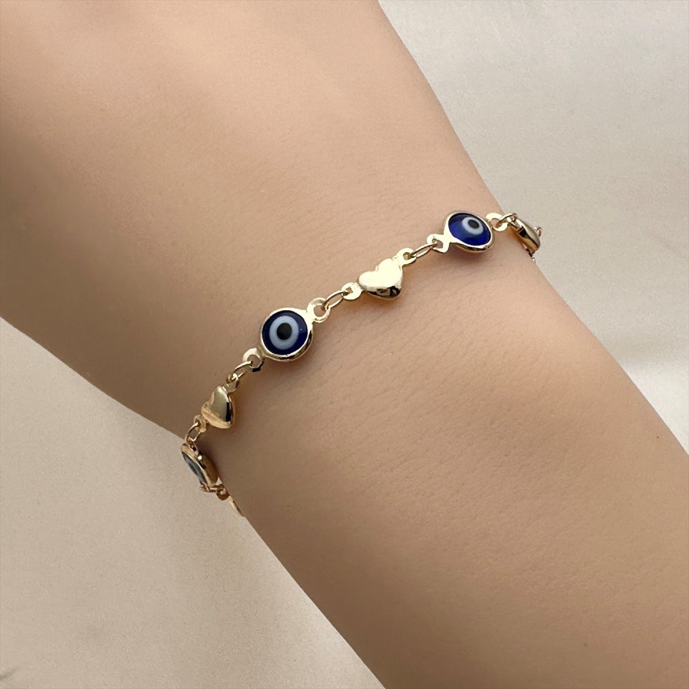 Oro Laminado Fancy Bracelet, Gold Filled Style Evil Eye and Heart Design, Blue Resin Finish, Golden Finish