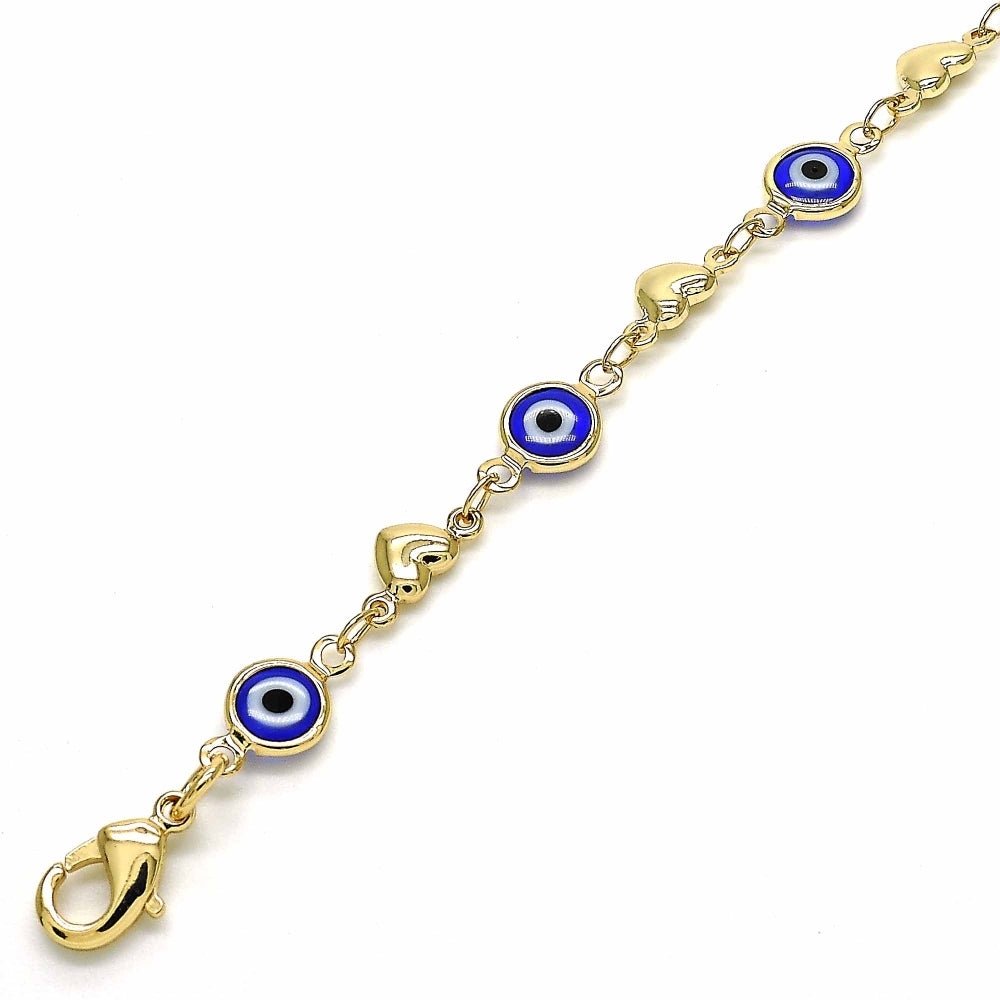 Oro Laminado Fancy Bracelet, Gold Filled Style Evil Eye and Heart Design, Blue Resin Finish, Golden Finish