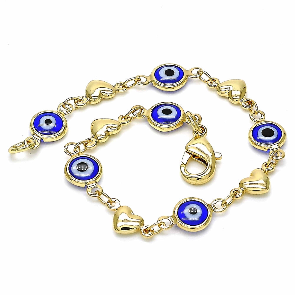 Oro Laminado Fancy Bracelet, Gold Filled Style Evil Eye and Heart Design, Blue Resin Finish, Golden Finish