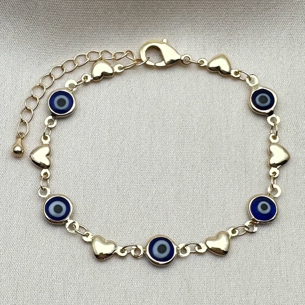 Oro Laminado Fancy Bracelet, Gold Filled Style Evil Eye and Heart Design, Blue Resin Finish, Golden Finish