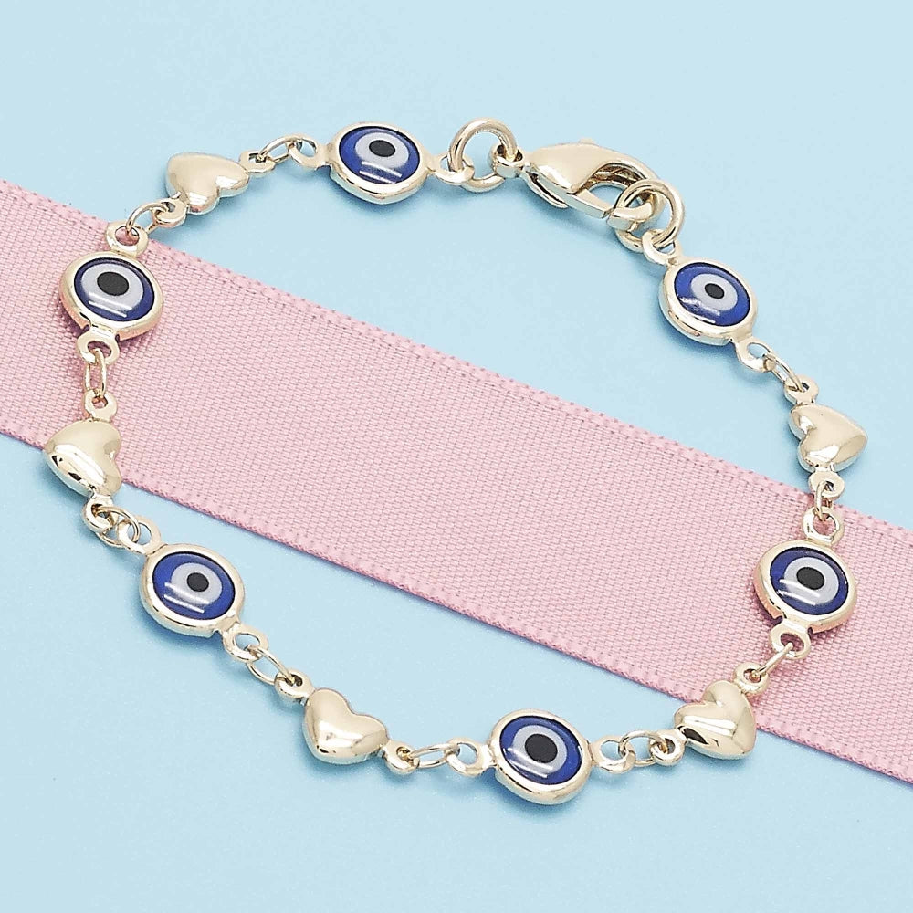 Oro Laminado Fancy Bracelet, Gold Filled Style Evil Eye and Heart Design, Blue Resin Finish, Golden Finish