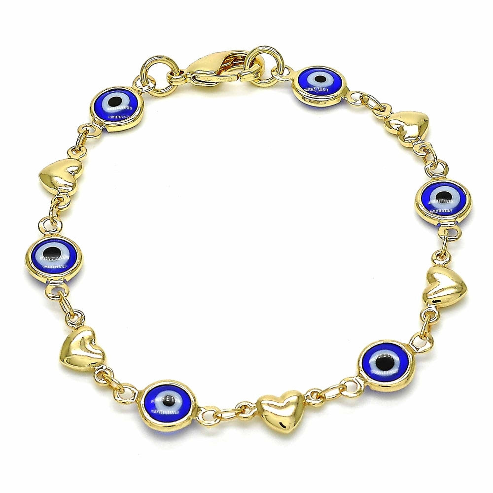 Oro Laminado Fancy Bracelet, Gold Filled Style Evil Eye and Heart Design, Blue Resin Finish, Golden Finish