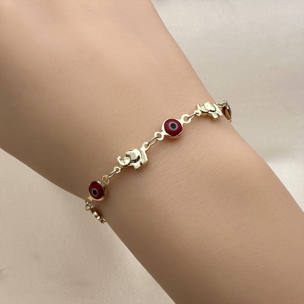 Oro Laminado Fancy Bracelet, Gold Filled Style Evil Eye and Elephant Design, Red Resin Finish, Golden Finish