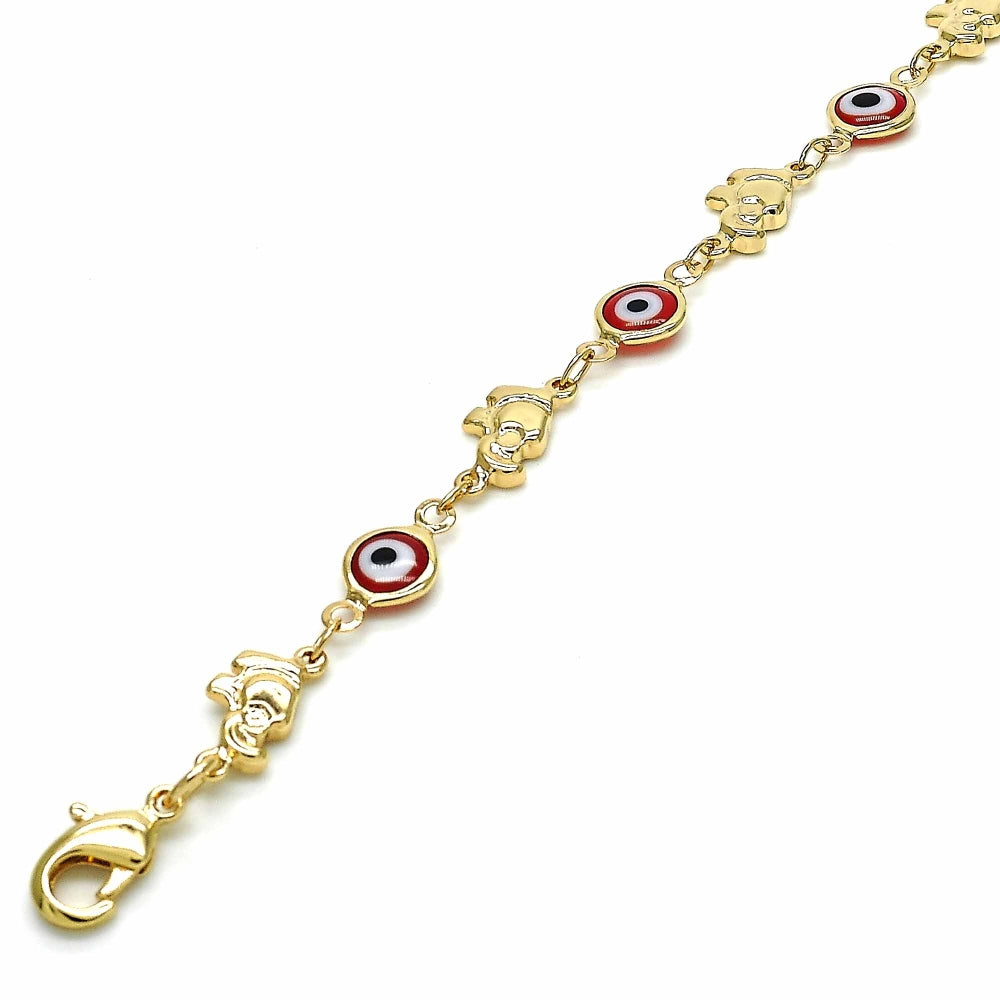 Oro Laminado Fancy Bracelet, Gold Filled Style Evil Eye and Elephant Design, Red Resin Finish, Golden Finish