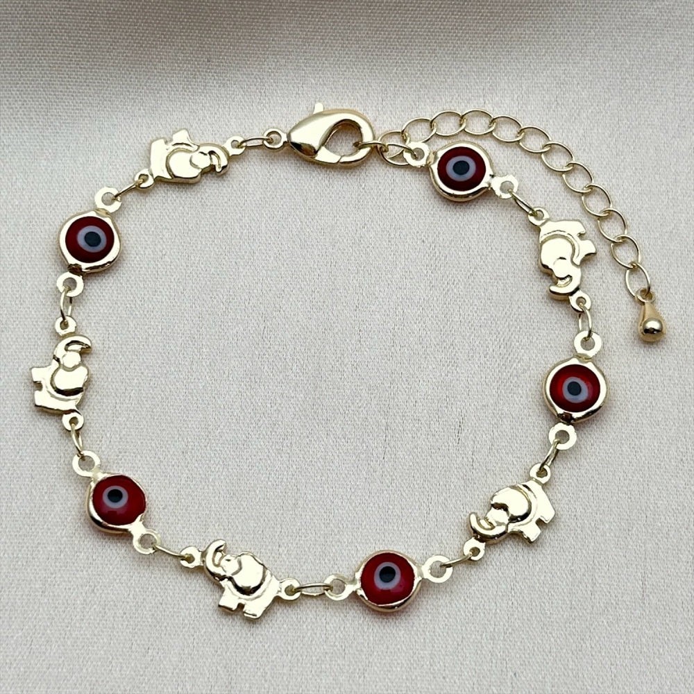 Oro Laminado Fancy Bracelet, Gold Filled Style Evil Eye and Elephant Design, Red Resin Finish, Golden Finish
