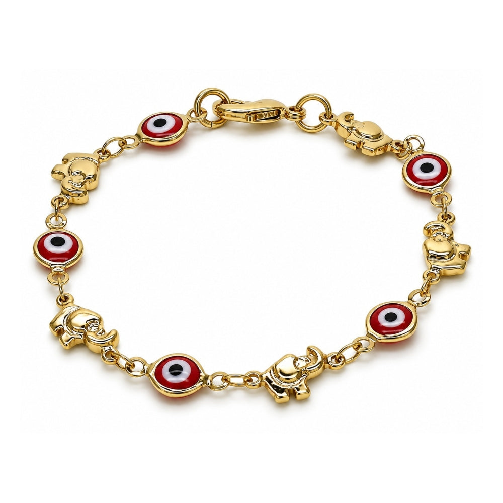 Oro Laminado Fancy Bracelet, Gold Filled Style Evil Eye and Elephant Design, Red Resin Finish, Golden Finish