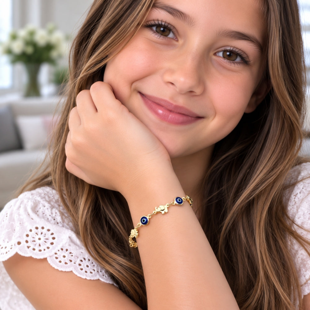 Oro Laminado Fancy Bracelet, Gold Filled Style Evil Eye and Elephant Design, Blue Resin Finish, Golden Finish
