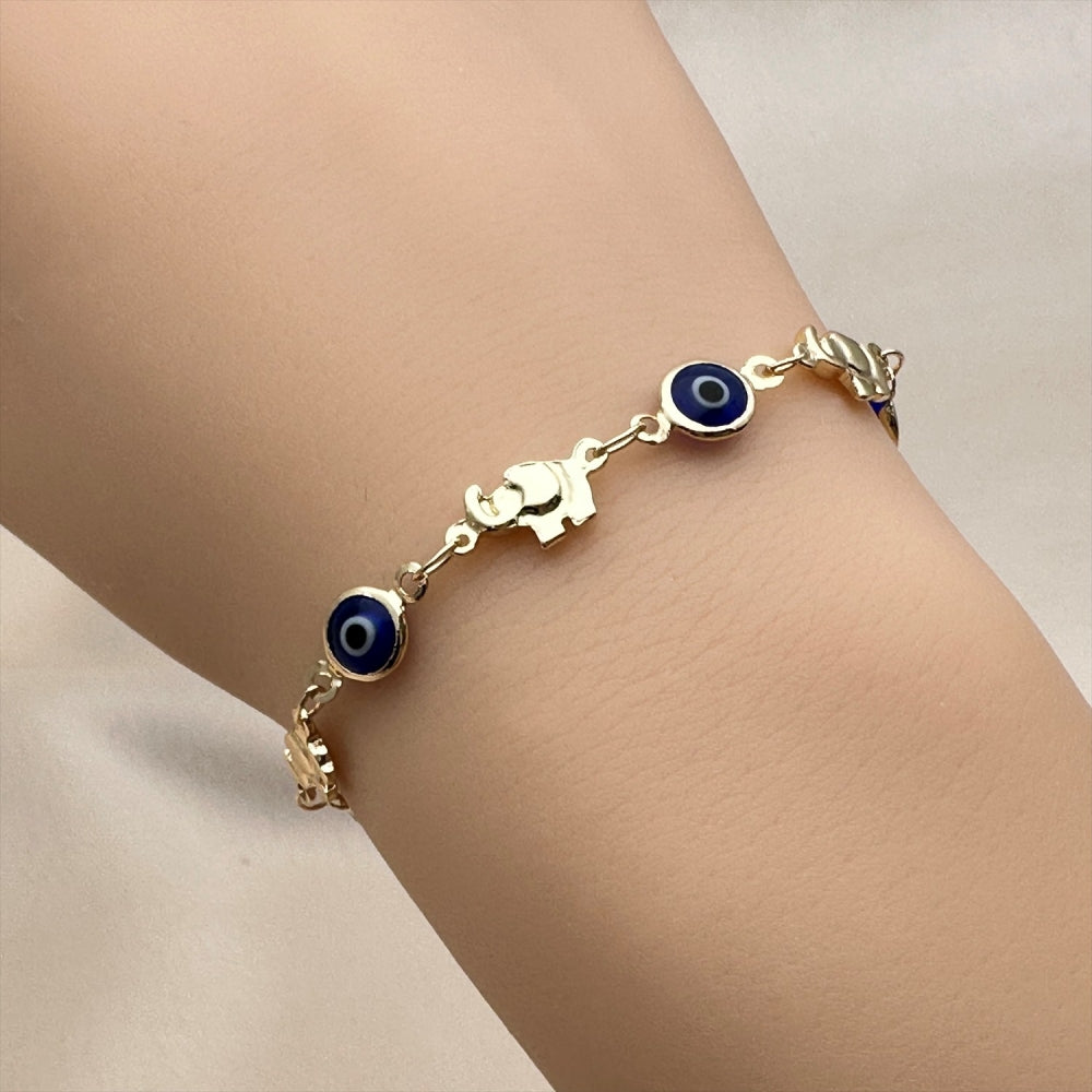 Oro Laminado Fancy Bracelet, Gold Filled Style Evil Eye and Elephant Design, Blue Resin Finish, Golden Finish