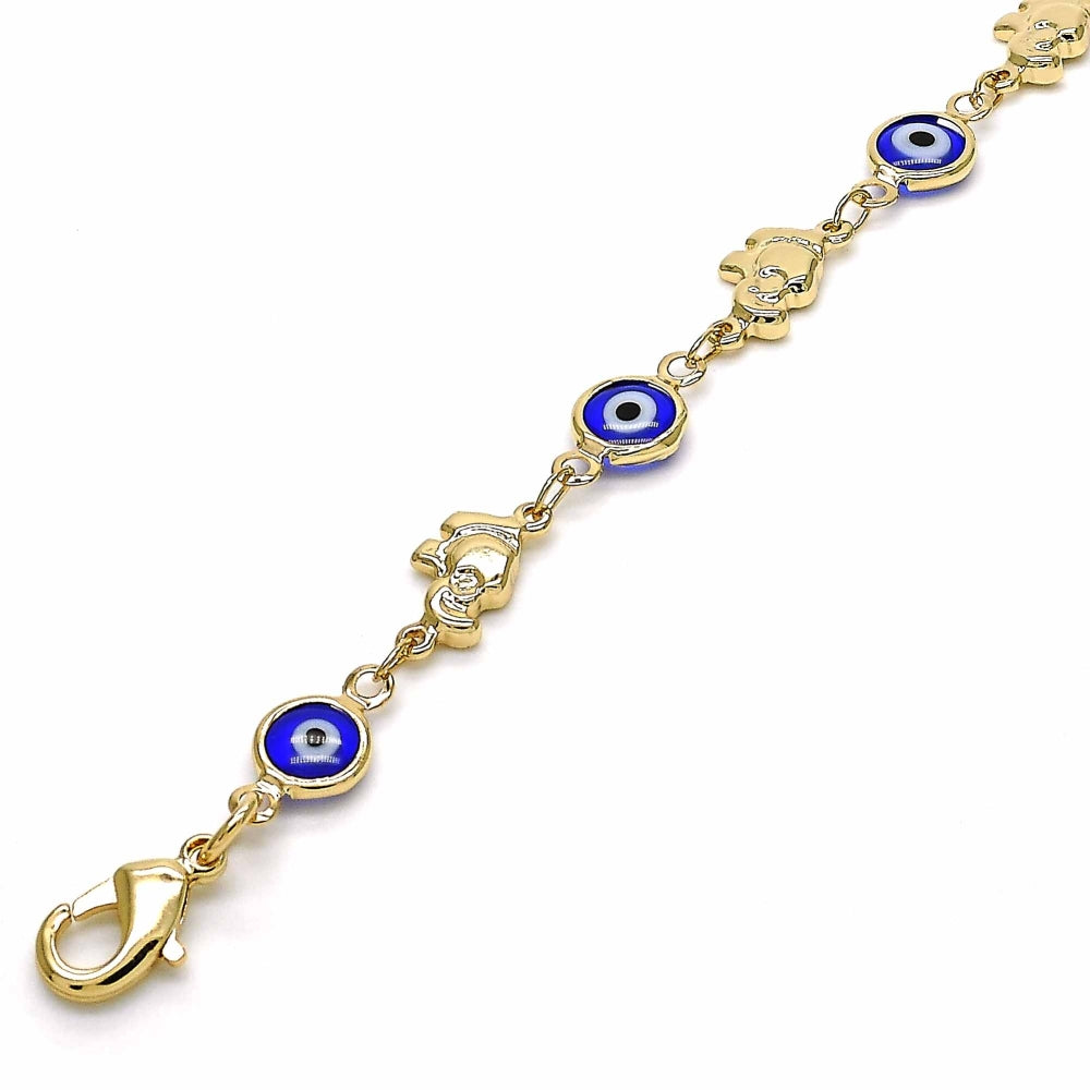 Oro Laminado Fancy Bracelet, Gold Filled Style Evil Eye and Elephant Design, Blue Resin Finish, Golden Finish