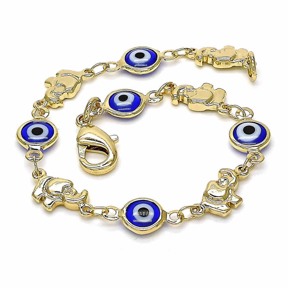 Oro Laminado Fancy Bracelet, Gold Filled Style Evil Eye and Elephant Design, Blue Resin Finish, Golden Finish