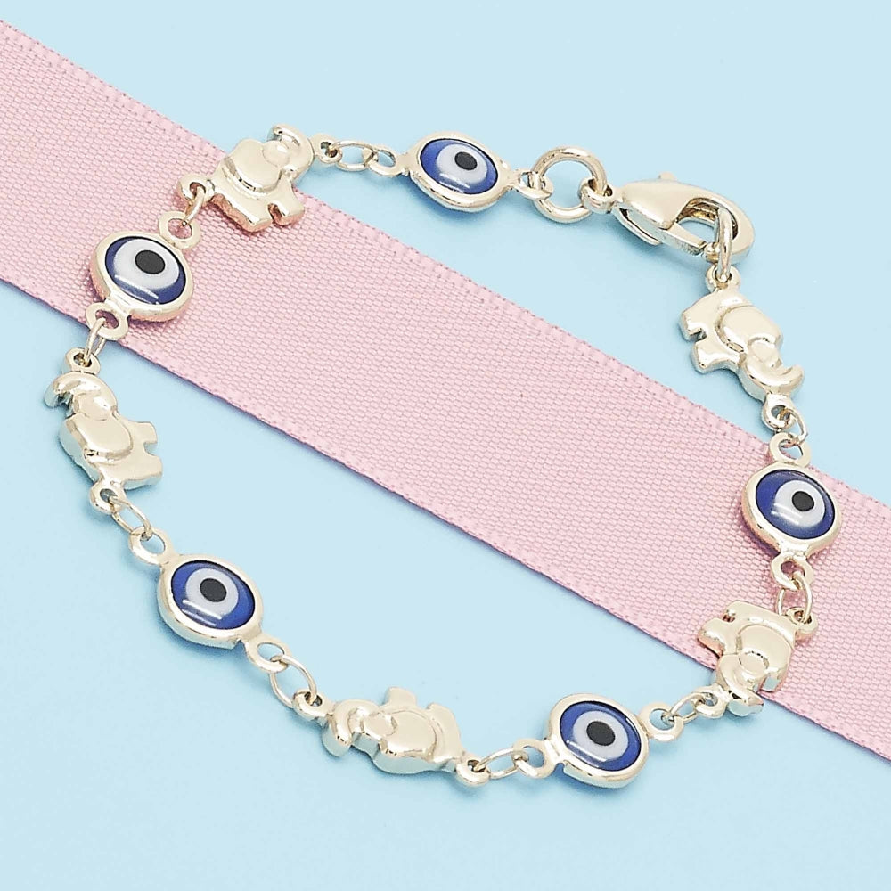 Oro Laminado Fancy Bracelet, Gold Filled Style Evil Eye and Elephant Design, Blue Resin Finish, Golden Finish