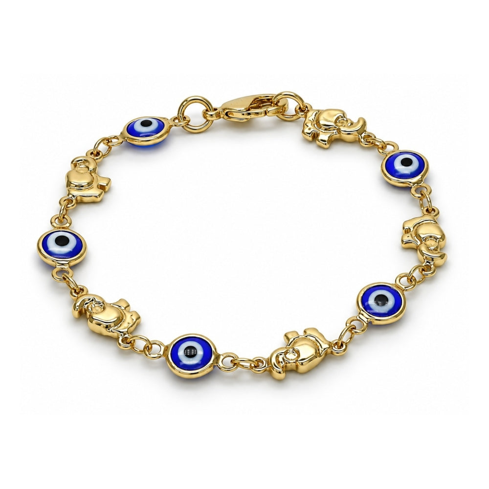 Oro Laminado Fancy Bracelet, Gold Filled Style Evil Eye and Elephant Design, Blue Resin Finish, Golden Finish