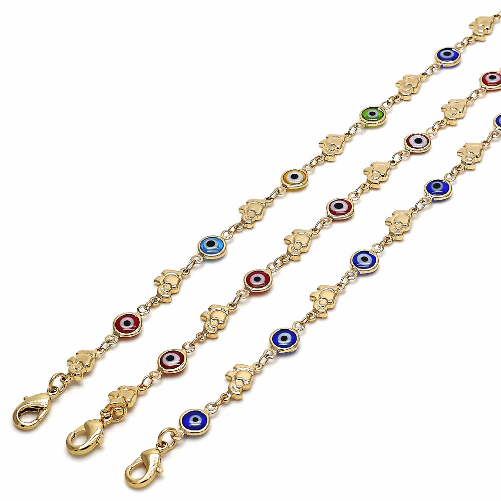 Oro Laminado Fancy Bracelet, Gold Filled Style Evil Eye and Elephant Design, Blue Resin Finish, Golden Finish