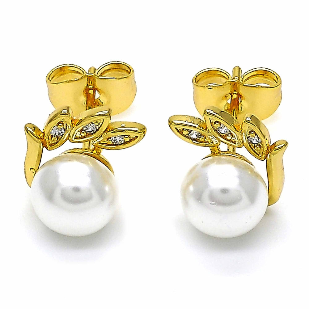 Oro Laminado Stud Earring, Gold Filled Style with Ivory Pearl and White Micro Pave, Polished, Golden Finish