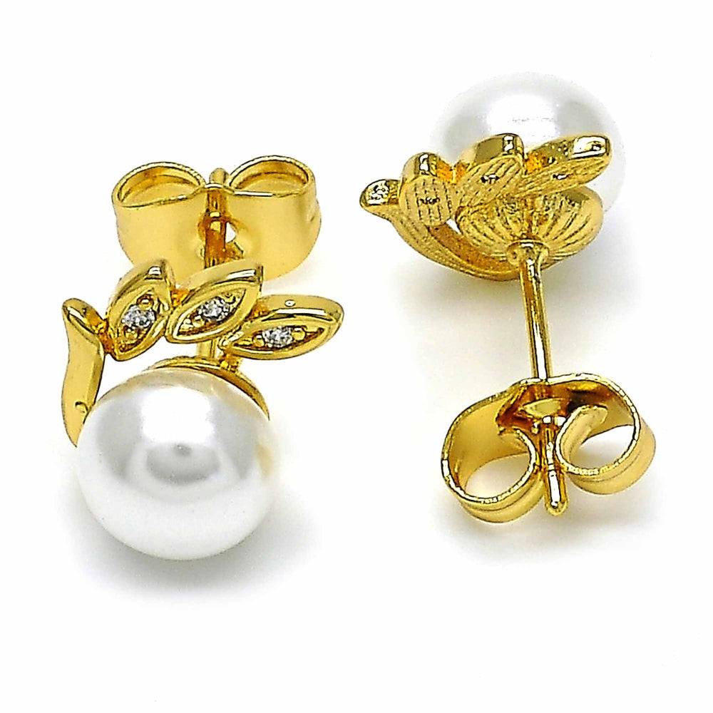 Oro Laminado Stud Earring, Gold Filled Style with Ivory Pearl and White Micro Pave, Polished, Golden Finish