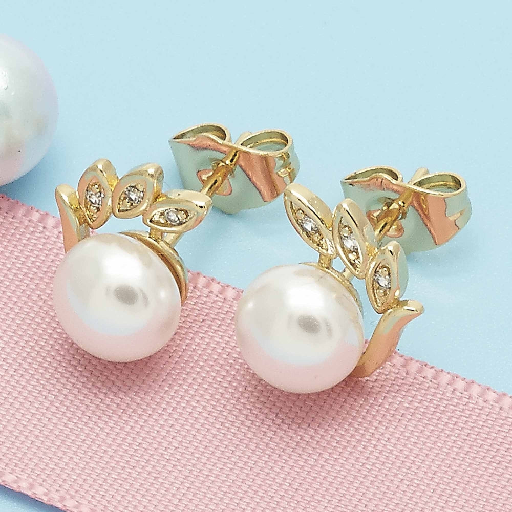 Oro Laminado Stud Earring, Gold Filled Style with Ivory Pearl and White Micro Pave, Polished, Golden Finish