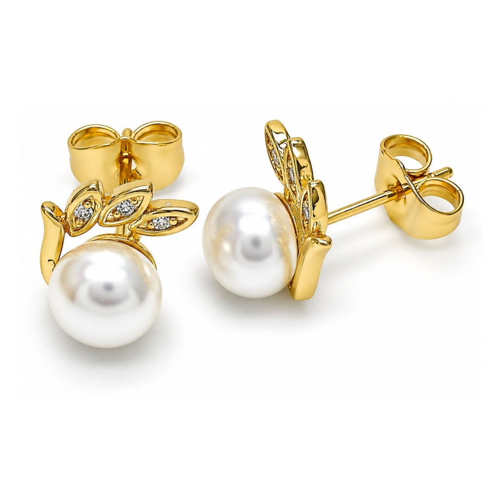 Oro Laminado Stud Earring, Gold Filled Style with Ivory Pearl and White Micro Pave, Polished, Golden Finish