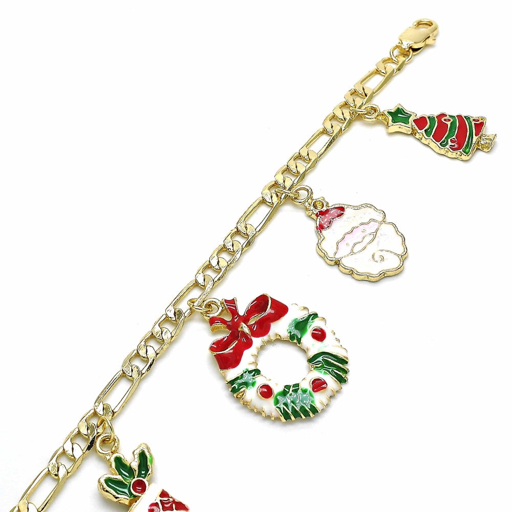 Oro Laminado Charm Bracelet, Gold Filled Style Tree and Star Design, Multicolor Enamel Finish, Golden Finish