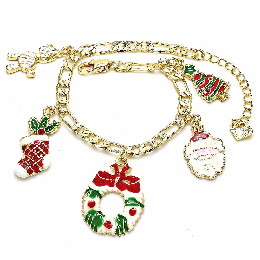 Oro Laminado Charm Bracelet, Gold Filled Style Tree and Star Design, Multicolor Enamel Finish, Golden Finish