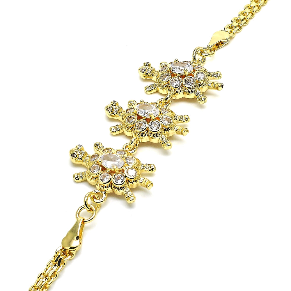 Oro Laminado Fancy Bracelet, Gold Filled Style Turtle Design, with White Cubic Zirconia, Polished, Golden Finish