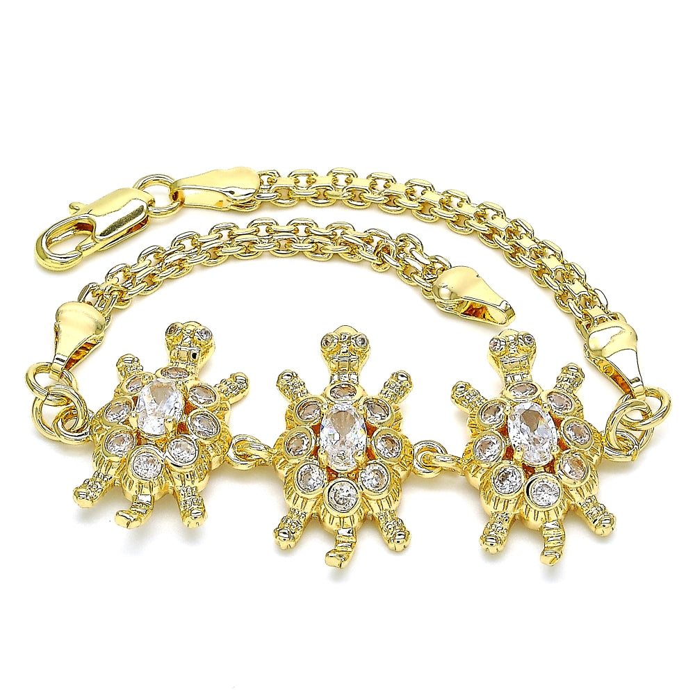 Oro Laminado Fancy Bracelet, Gold Filled Style Turtle Design, with White Cubic Zirconia, Polished, Golden Finish