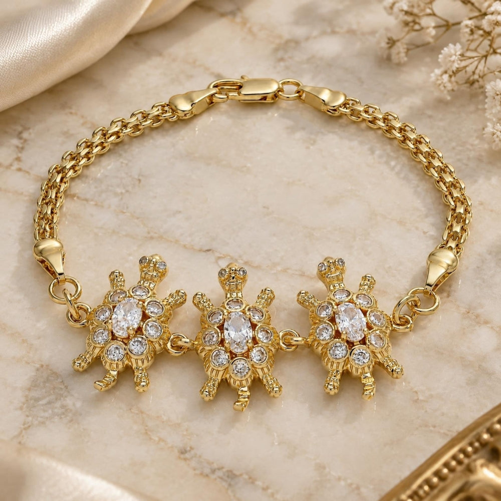 Oro Laminado Fancy Bracelet, Gold Filled Style Turtle Design, with White Cubic Zirconia, Polished, Golden Finish