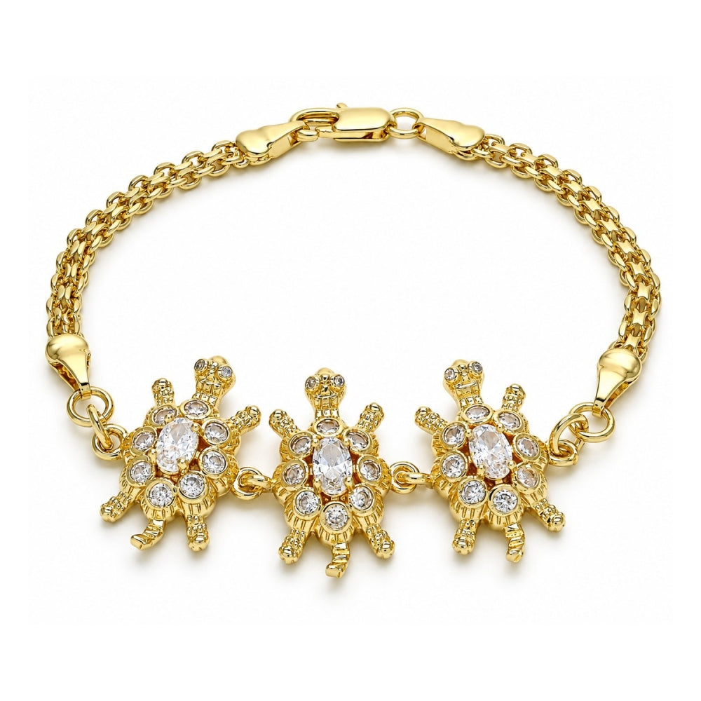 Oro Laminado Fancy Bracelet, Gold Filled Style Turtle Design, with White Cubic Zirconia, Polished, Golden Finish