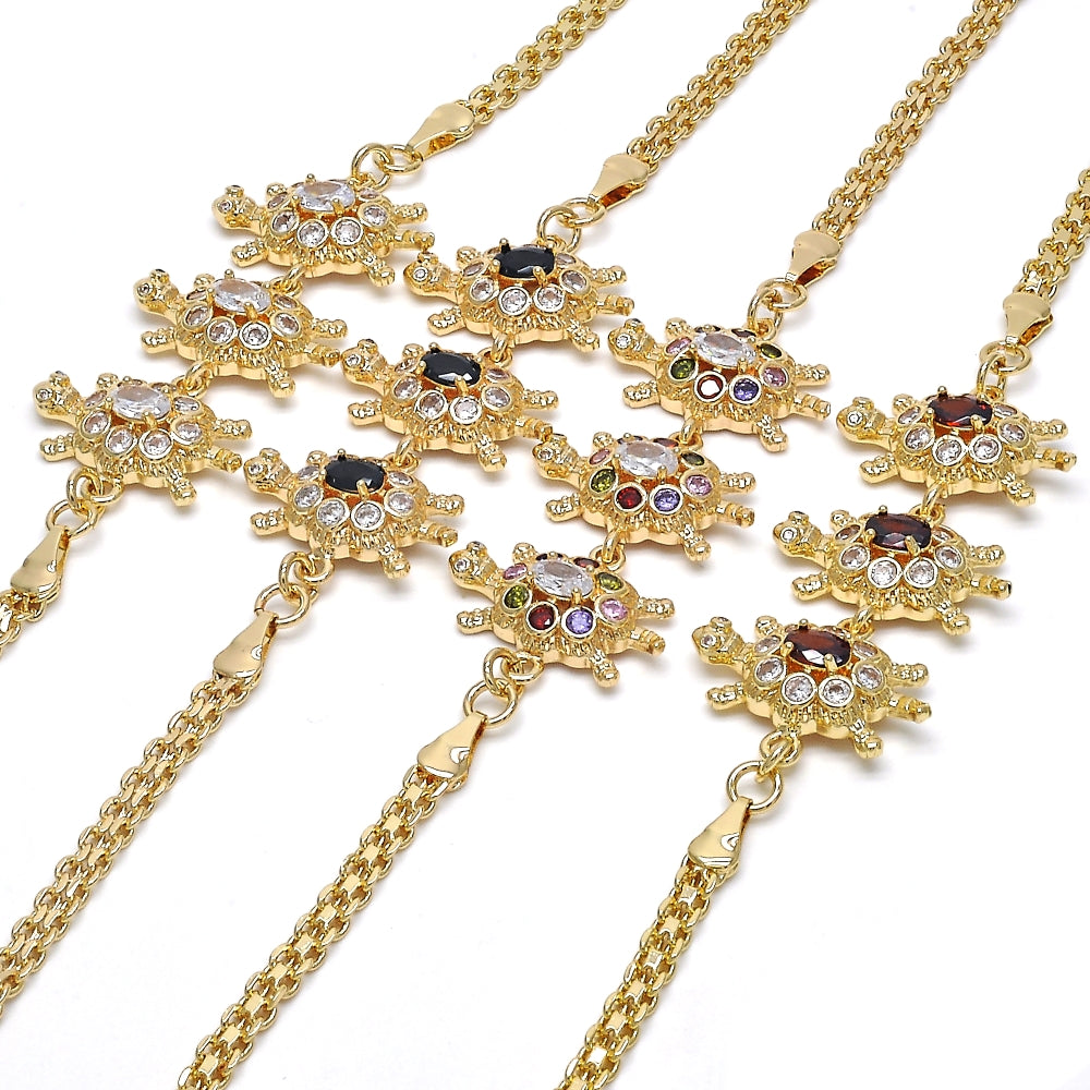 Oro Laminado Fancy Bracelet, Gold Filled Style Turtle Design, with White Cubic Zirconia, Polished, Golden Finish