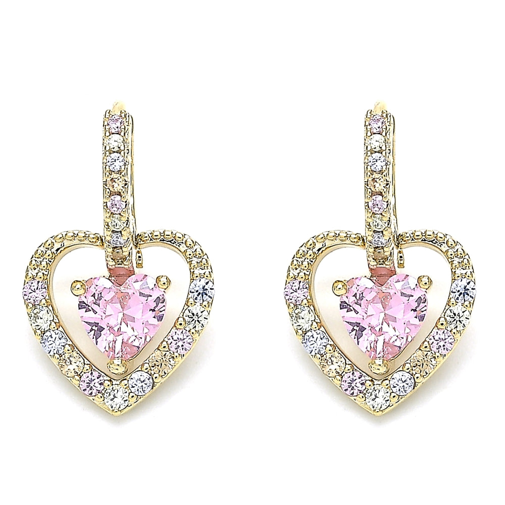 Oro Laminado Dangle Earring, Gold Filled Style Heart Design, with Pink Cubic Zirconia and Multicolor Micro Pave, Polished, Golden Finish