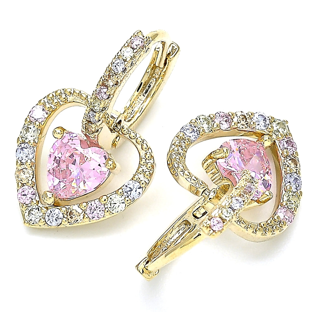 Oro Laminado Dangle Earring, Gold Filled Style Heart Design, with Pink Cubic Zirconia and Multicolor Micro Pave, Polished, Golden Finish