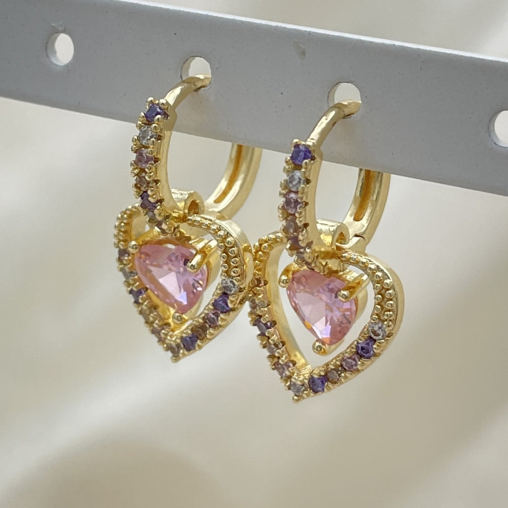 Oro Laminado Dangle Earring, Gold Filled Style Heart Design, with Pink Cubic Zirconia and Multicolor Micro Pave, Polished, Golden Finish