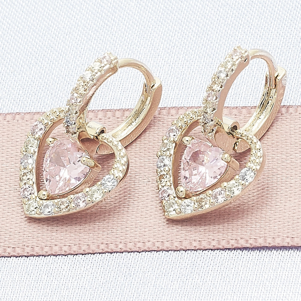 Oro Laminado Dangle Earring, Gold Filled Style Heart Design, with Pink Cubic Zirconia and Multicolor Micro Pave, Polished, Golden Finish