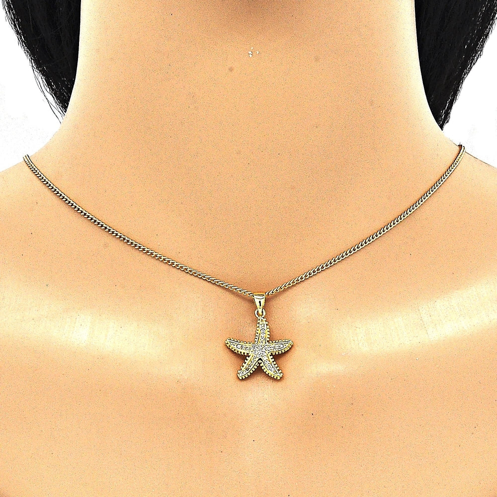 Oro Laminado Earring and Pendant Adult Set, Gold Filled Style Star Design, with White Micro Pave, Polished, Golden Finish