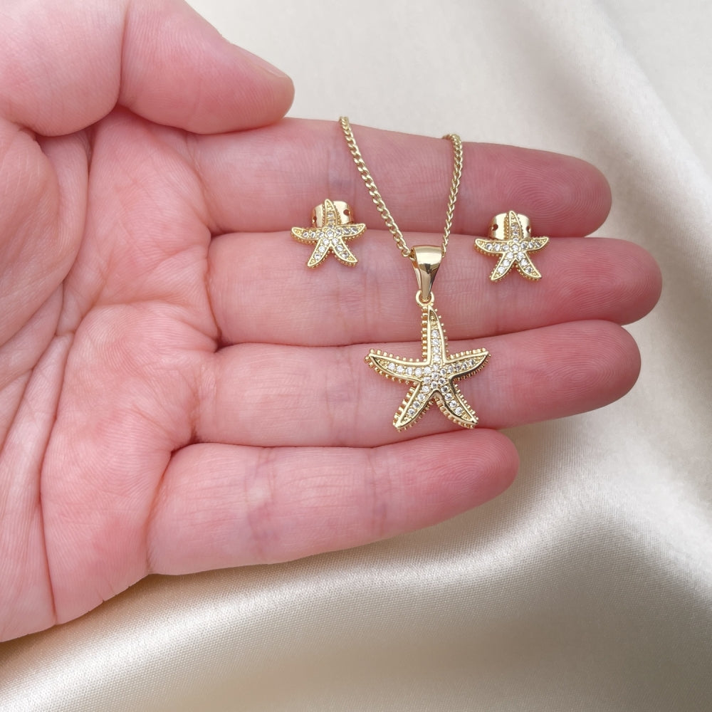 Oro Laminado Earring and Pendant Adult Set, Gold Filled Style Star Design, with White Micro Pave, Polished, Golden Finish