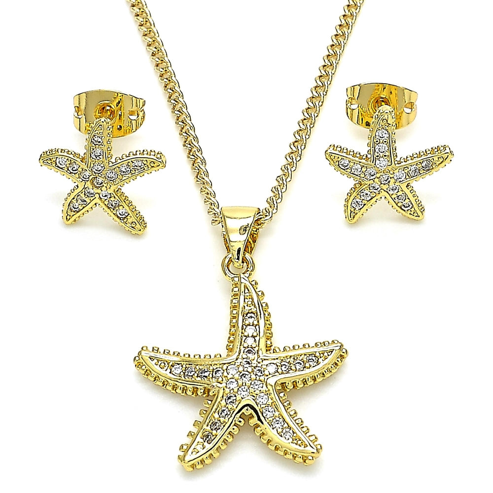 Oro Laminado Earring and Pendant Adult Set, Gold Filled Style Star Design, with White Micro Pave, Polished, Golden Finish