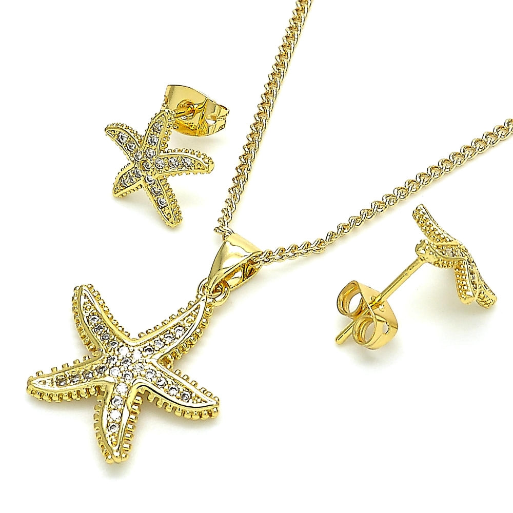 Oro Laminado Earring and Pendant Adult Set, Gold Filled Style Star Design, with White Micro Pave, Polished, Golden Finish