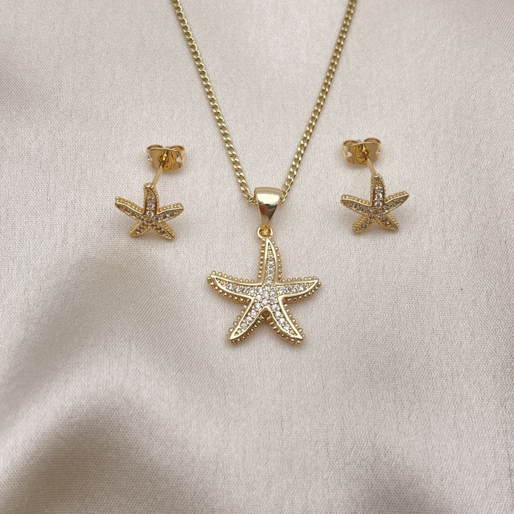 Oro Laminado Earring and Pendant Adult Set, Gold Filled Style Star Design, with White Micro Pave, Polished, Golden Finish