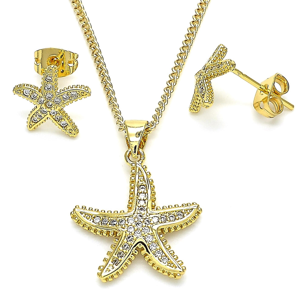 Oro Laminado Earring and Pendant Adult Set, Gold Filled Style Star Design, with White Micro Pave, Polished, Golden Finish