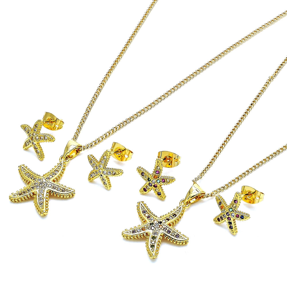 Oro Laminado Earring and Pendant Adult Set, Gold Filled Style Star Design, with White Micro Pave, Polished, Golden Finish