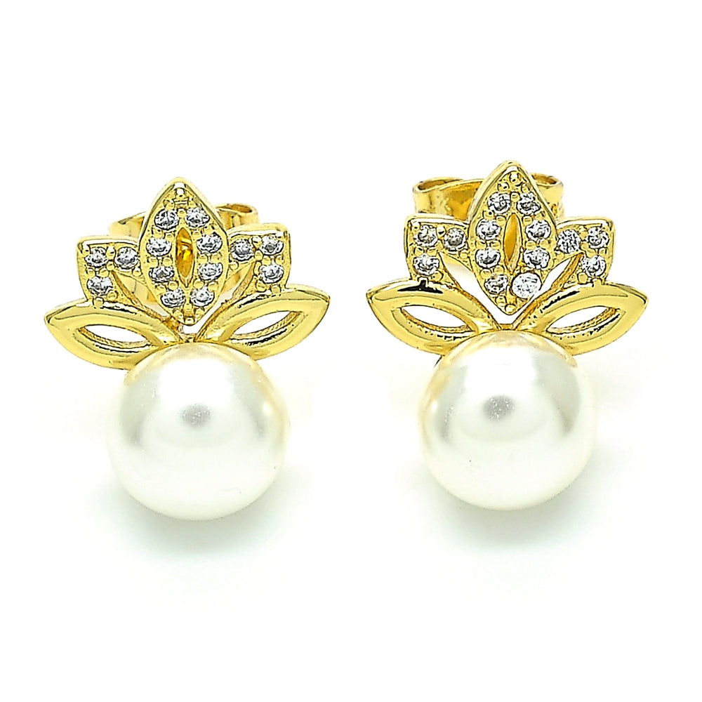 Oro Laminado Stud Earring, Gold Filled Style Leaf and Ball Design, with White Cubic Zirconia and Ivory Pearl, Polished, Golden Finish
