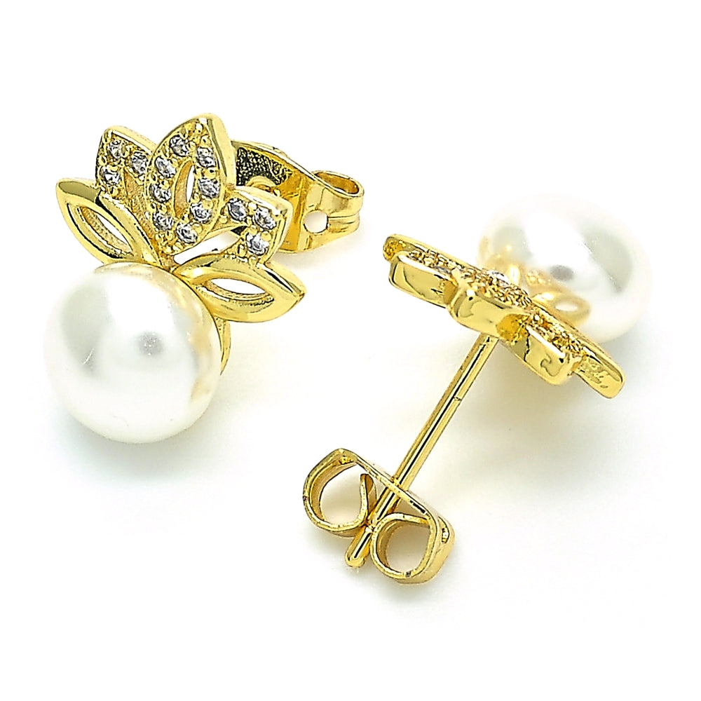 Oro Laminado Stud Earring, Gold Filled Style Leaf and Ball Design, with White Cubic Zirconia and Ivory Pearl, Polished, Golden Finish