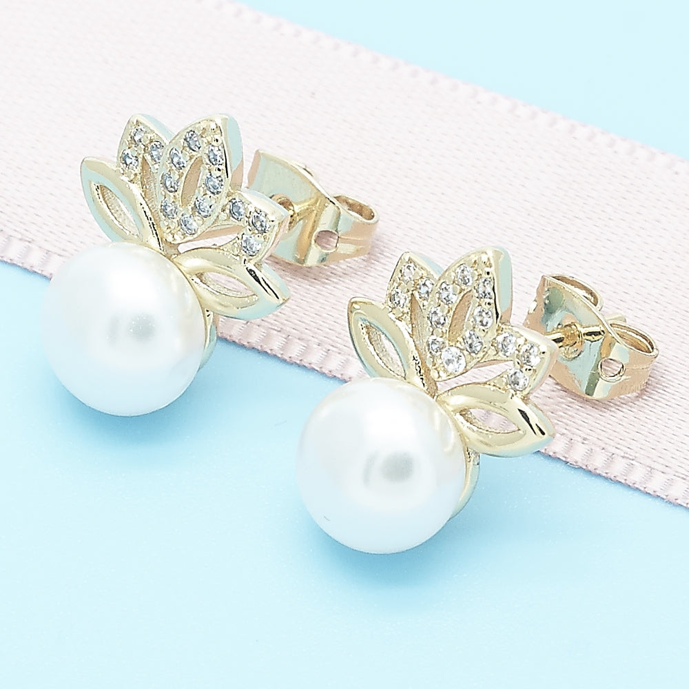 Oro Laminado Stud Earring, Gold Filled Style Leaf and Ball Design, with White Cubic Zirconia and Ivory Pearl, Polished, Golden Finish