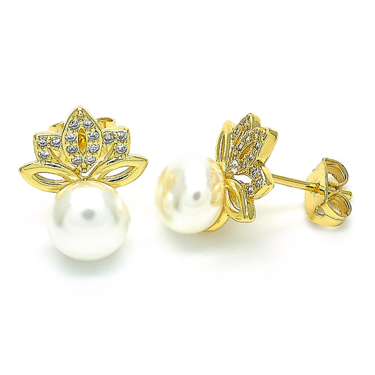 Oro Laminado Stud Earring, Gold Filled Style Leaf and Ball Design, with White Cubic Zirconia and Ivory Pearl, Polished, Golden Finish