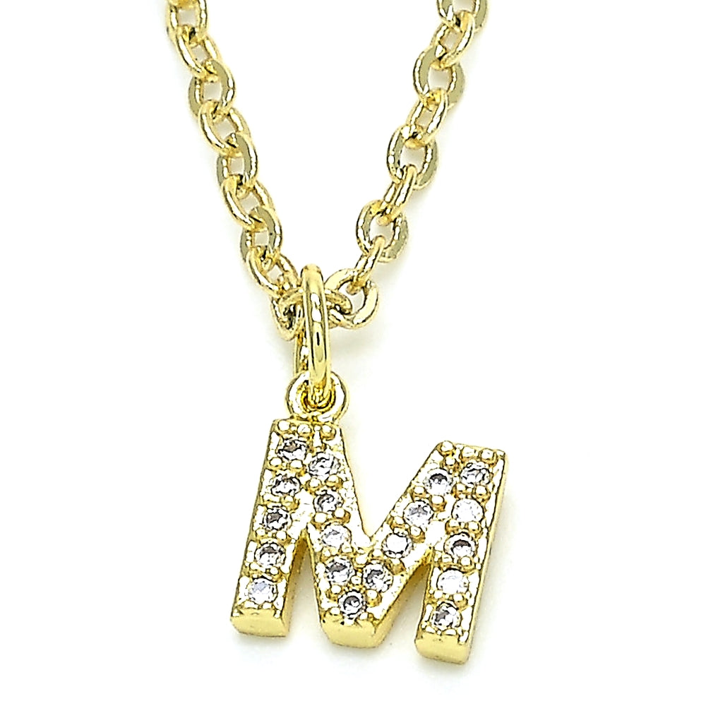 Oro Laminado Fancy Pendant, Gold Filled Style Initials and Mom Design, with White Cubic Zirconia, Polished, Golden Finish
