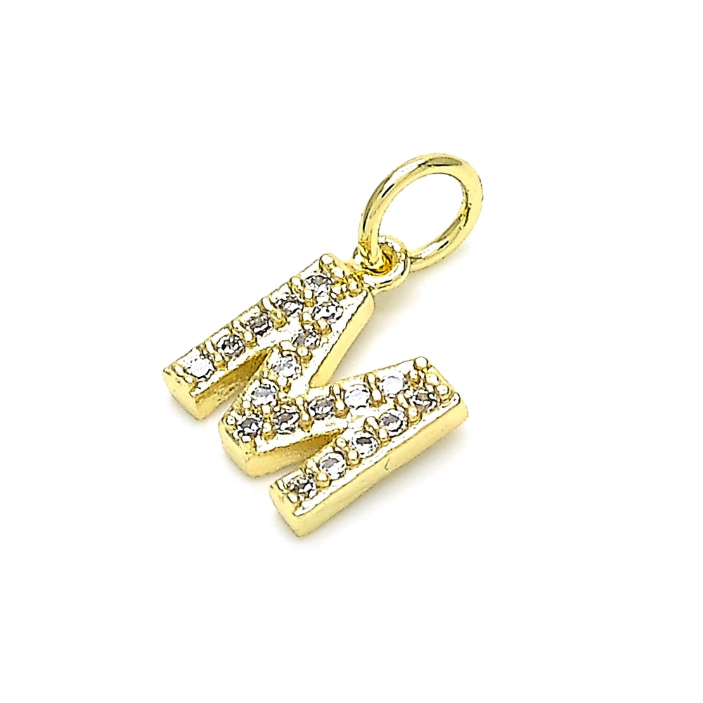Oro Laminado Fancy Pendant, Gold Filled Style Initials and Mom Design, with White Cubic Zirconia, Polished, Golden Finish
